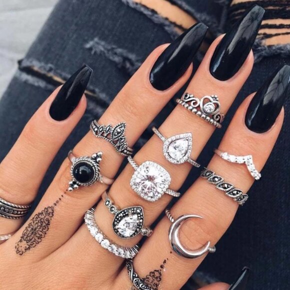 11 Piece Boho Silver Crystal Moon Pendant Filigree Stackable Ring Set Gothic - Picture 1 of 5